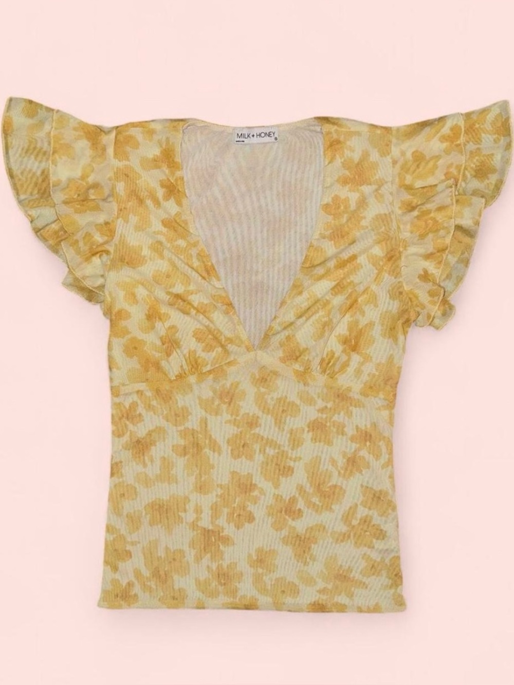 Milk + Honey Yellow Floral Flutter Sleeve Top – Size Small